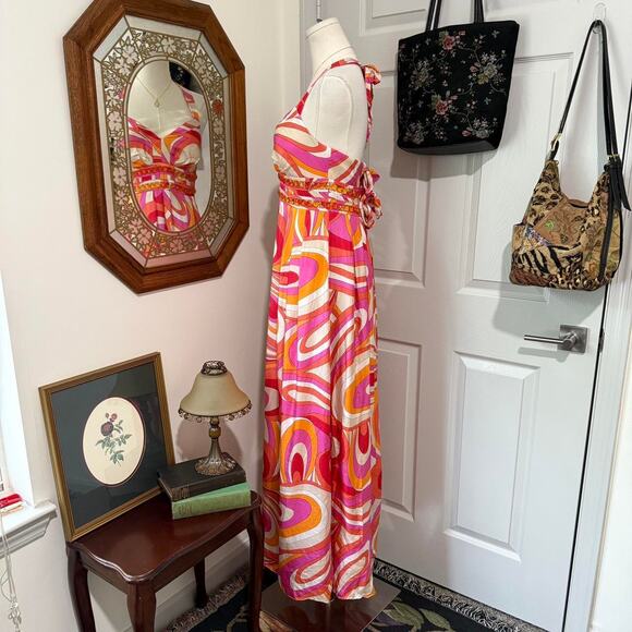 VTG Y2K OC OC By Oleg Cassini Pink & Orange Retro Silk Beaded Maxi Halter Dress - Picture 3 of 7